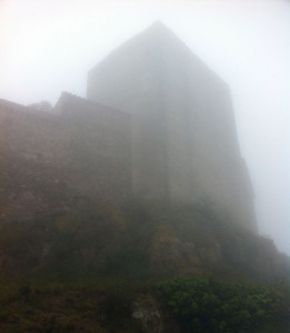 The castle of Montalba-le-Château in the fog