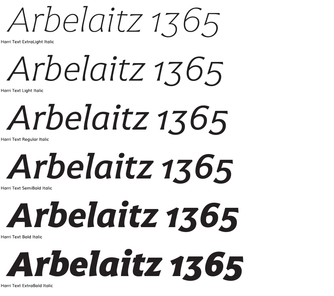 Harri text italic headline samples in three sizes